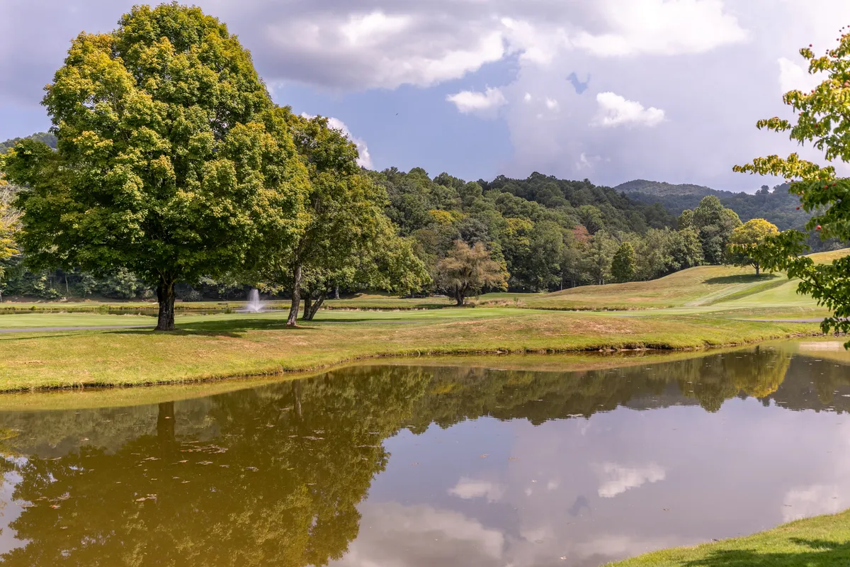 A wide view of the serene neighborhood, with lush green hills, a calm pond reflecting the sky, and distant mountains providing a scenic backdrop. The area is dotted with large trees and offers a perfect environment for picnics, walks, and wildlife watching.